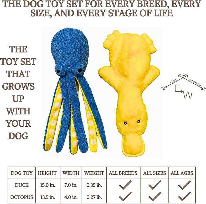 Duck and Octopus Dog Toys - Crinkle, Squeaky, Plush, No Stuffing, Interactive, Stimulating, Fun, Boredom, Busy, Calming, Cuddle, Puppy, Play, Gift - Large, Medium, Small Dog - Set of 2
