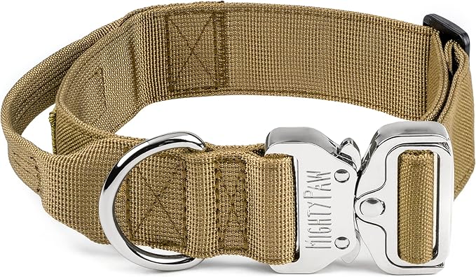 Mighty Paw Tactical Dog Collar - Heavy Duty with Metal Buckle and Control Handle - Weatherproof Polyester Material - Sturdy Metal Dog Collars - Dog Collar for All Dog Breeds - Heavy Dog Collar - Tan