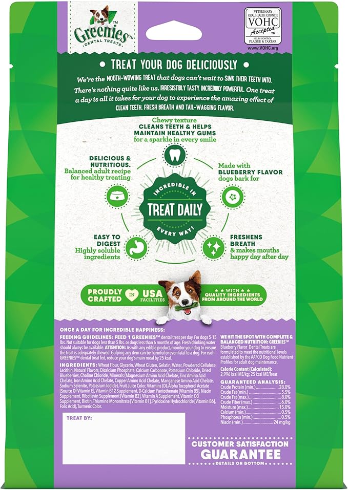Greenies Veterinarian-Recommended Adult Natural Dental Dog Treats Teenie Size, Blueberry Flavor, 12 oz. Pack, 43 Count