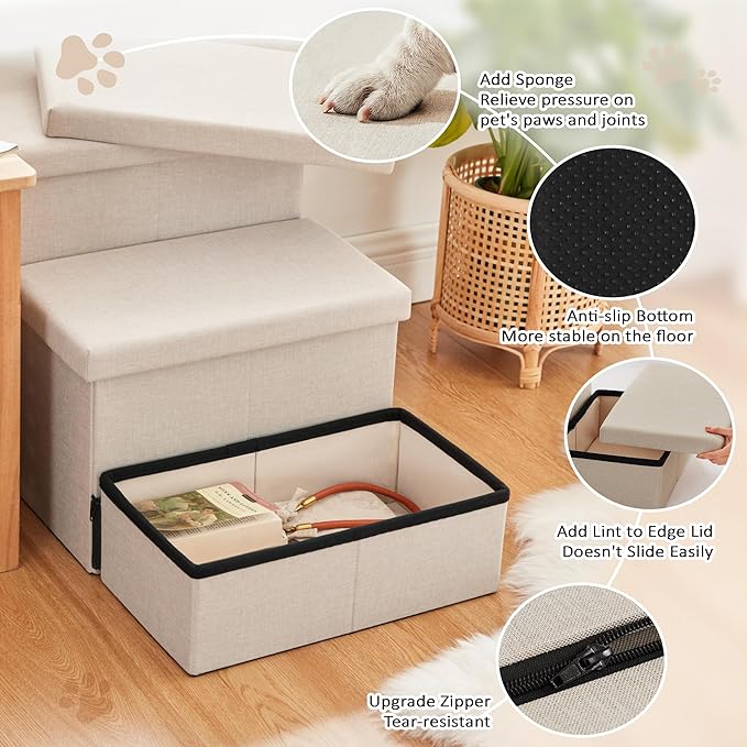 Love's cabin Dog Stairs for High Bed 18" H,Foldable Pet Stairs for Small Medium or Large Dogs Puppy with Storage for Bed or Couch, Cat Dog Steps Ramp with Zip up to 200 lbs(Beige,3 Steps no Condo)