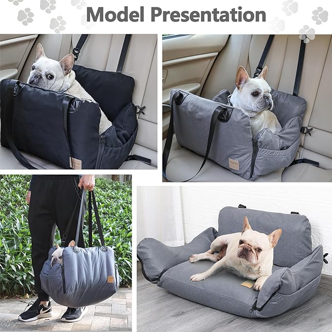 Pet Car Booster Seat, Portable Dog Car Travel Carrier Bed, Waterproof Dog Booster Seat for Car with Storage Pockets, Washable Small Dog Car Seat(Grey)