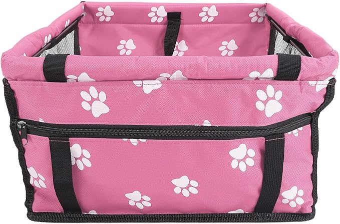 Pet Carrier Cage Dog Car Seat Bear Pattern Washable Foldable Pet Safety Travel Seat with Support Rod for Cars Oxford Cloth Material (Pink paw Print Support Stick Style)