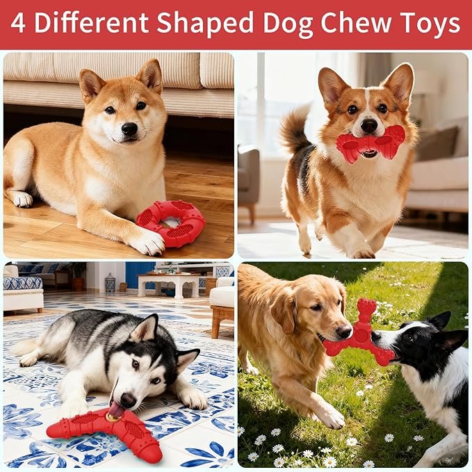 Dog Toys 4 Pack for Aggressive Chewers, Multifunctional Teeth Cleaning and Gum Massage for Puppy, Chew Toys with Natural Rubber for Small and Medium Dog(Red)