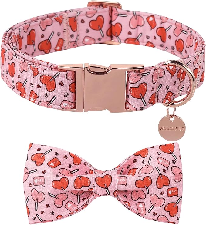 Valentine’s Day Dog Collar with Bow Tie, Pink Heart Bowtie Collar with Metal Buckle, Valentine’s Day Gift Pet Collar for Puppy Girl Boy Dog or Cat, Wedding Dog Collar,XL, Neck 16-26in