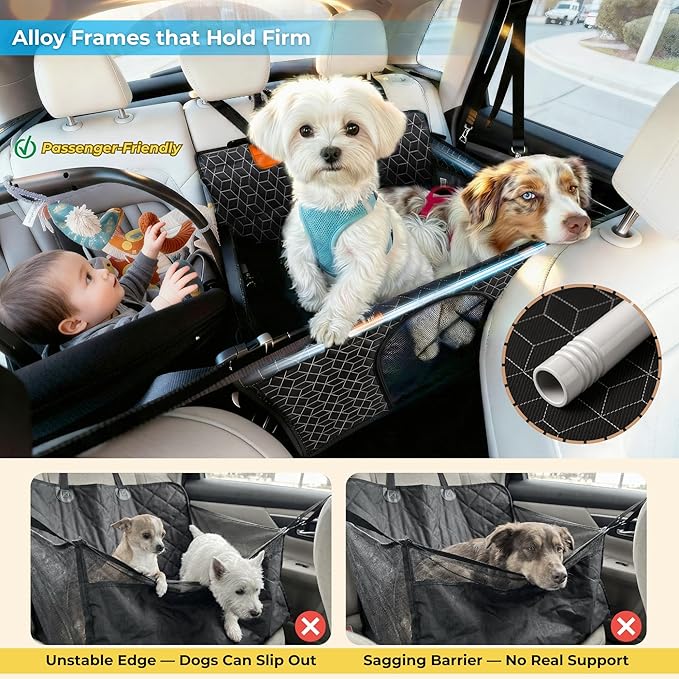 Dog Car Seat for Large Medium Dogs | Waterproof Dog Seat Cover for Back Seat with Hard Bottom | Alloy Twist-Lock Rods | 3 Mesh Windows | Removable Fleece Mat | Cars, SUVs, Trucks
