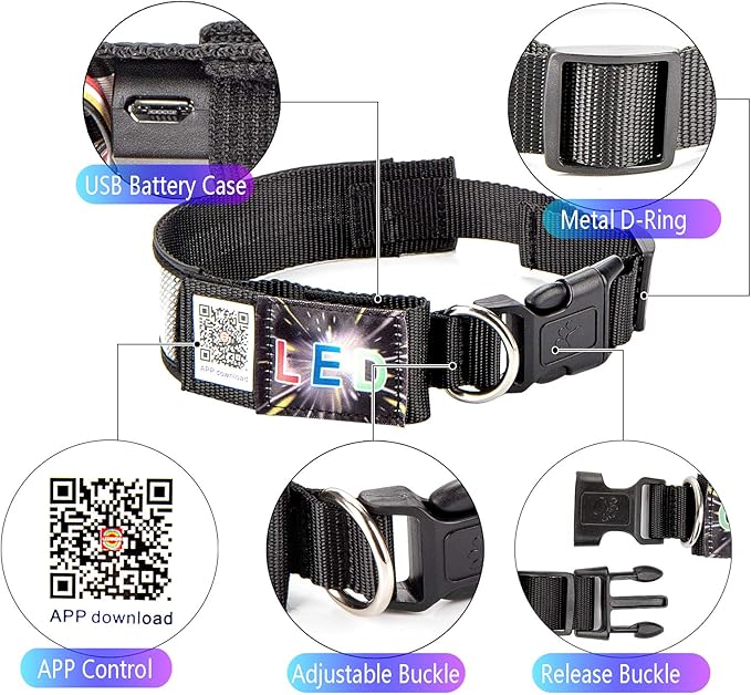Leadleds Bluetooth LED Dog Collar, Flashing Light Up Rechargeable Pet Dog Safety Collar Glow in The Dark Light-up Neck Loop - Green LED