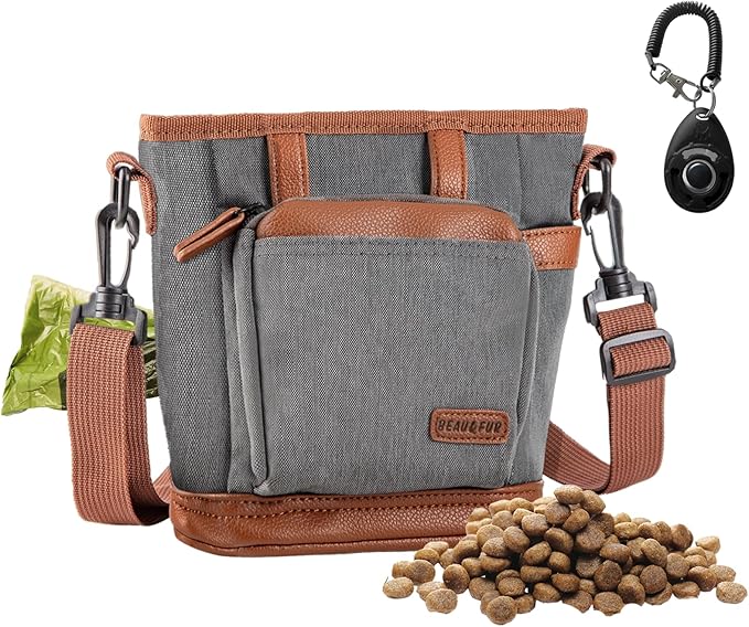BEAU&FUR Large Dog Treat Pouch with Clicker for Training – 4 Cup Capacity, Built-In Poop Bag Dispenser, Expandable Pocket, Metal Buckle, Large Back Pocket, Ideal Design for Walks and Training – Grey