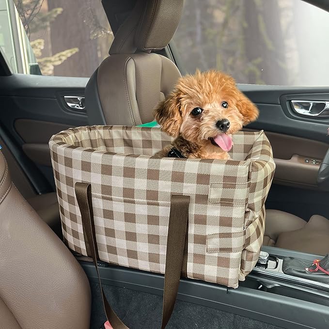 Dog Booster Car Seat ON Car Armrest,Puppy Travel Car Carrier Bed Center Console Doggie Seat for Small Pets Up to 10 Lbs,Detachable Dog Travel Bag for Most Car Deluxe Interactive Pet Seat