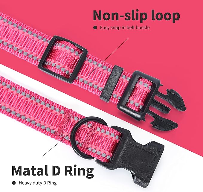 Mile High Life Reflective Dog Collar, Basic Dog Collars Adjustable Quick Release, Soft Nylon Pet Collar with Metal D-Ring for Small Medium Large Dogs (Pink, L Neck15-19")