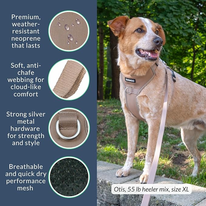 DJANGO Tahoe No Pull Dog Harness – Escape-Proof Dog Harness for Small & Medium with Front & Back Clips for Everyday Use – Adjustable, Padded, Reflective, Secure Fit, Easy On/Off – Sandy Beige, Medium
