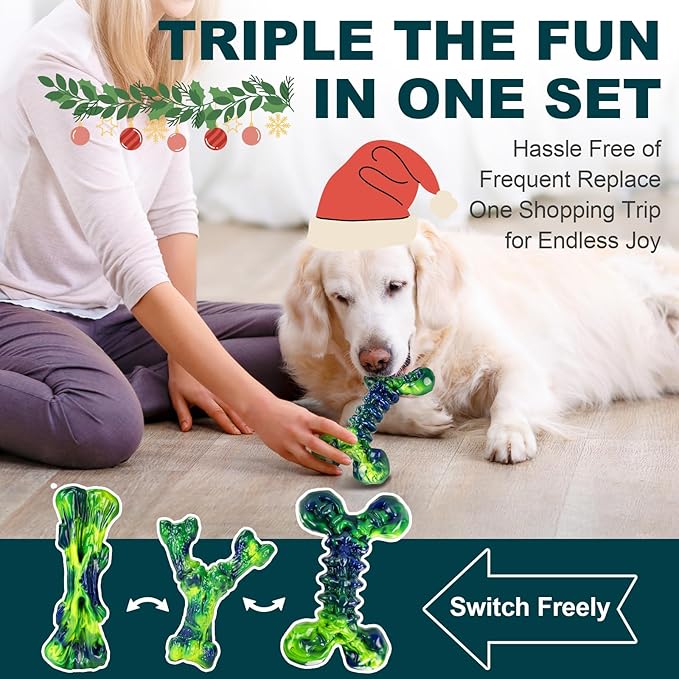 Indestructible Dog Chew Toys for Aggressive Chewers: 3-Pack Peanut Butter Flavored Tough Nylon Chew Bones for Medium & Large Dogs 25–80 lbs, Long-Lasting St. Patrick's Day Dog Gift (Green)