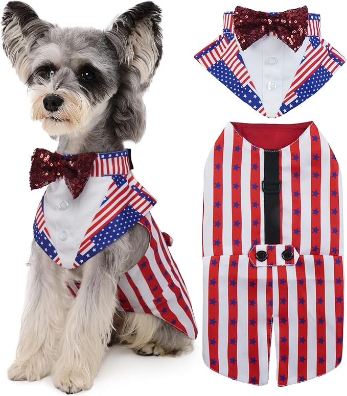 Kuoser Independence Day Dog Tuxedo Dog Suit and Bandana Set, 4Th of July Dog Costume American Flag Dog Outfit with Bow Tie for Large Medium Small Dogs Golden Retriever Samo Bulldogs, M
