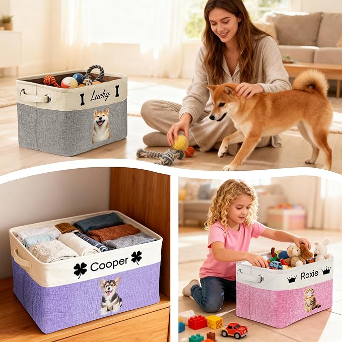 Personalized Dog Toy Basket with Name Photo Custom Cat Storage Organizer Box Collapsible Pet Chest Bins Customized for Toys Clothing-Brown