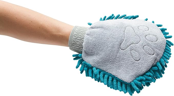 Messy Mutts Microfiber Grooming Mitt | Chenille Microfiber Dog Shammy Mitt | Machine Washable Paw Cleaner | Blue