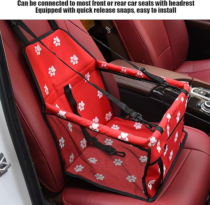 Pet Carrier Cage Dog Car Seat Bear Pattern Washable Foldable Pet Safety Travel Seat with Support Rod for Cars Oxford Cloth Material (Red paw Print Support Stick Style)