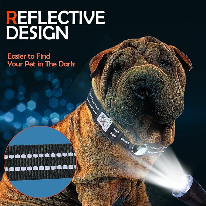 Reflective Dog Collar with Apple AirTag Holder & QR Code Pet ID Tag,Soft Nylon Adjustable Dog Tracker Collar with Safety Lock for Large Dogs(Black, L)