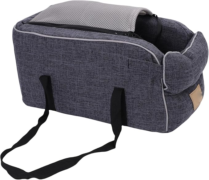 Rengue Console Dog Car Seat, Linen Fabric, Elevated Seat with Safety Tether, Portable Handle, for Small Dogs, Fits Most Vehicles