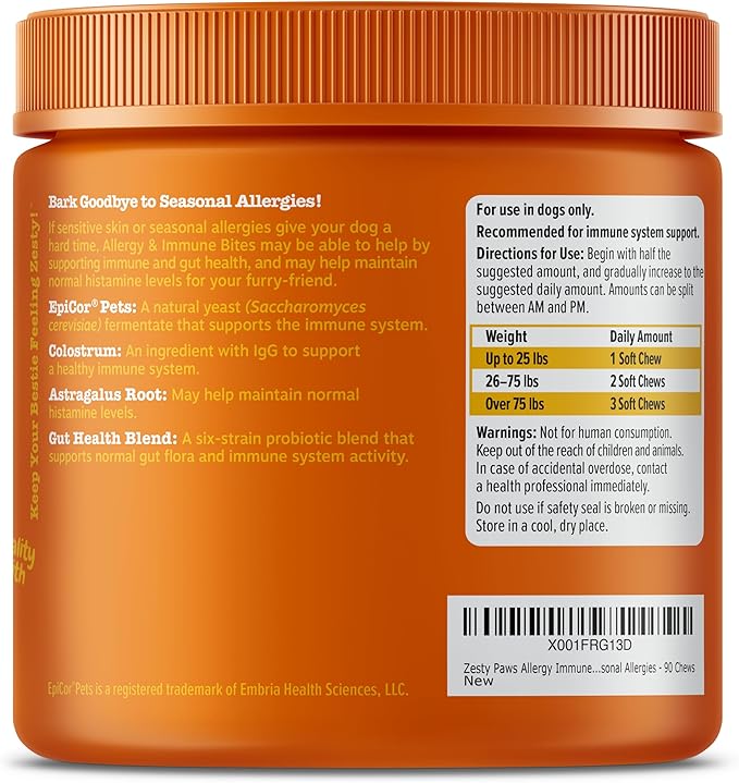 Zesty Paws Dog Allergy Relief Chews, Dog Probiotics for Itchy Skin and Ears, Lamb, 90ct