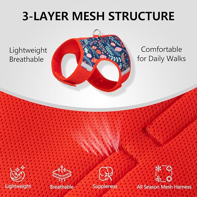 Dog Harness for Small Sized Dog,Hook-and-Loop Easy On/Off, Reflective Adjustable Soft Mesh Vest for Puppy (Navy Floral Print,XS)