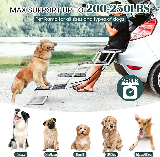Dog Ramp for Car, Extra Wide Dog Car Stair for Large Dogs, Pet Steps Lightweight Aluminum Foldable Dog Steps for Cars and SUV,High Beds, Trucks, Supports up to 200 lbs (Extra Wide-4 Steps with Rug)