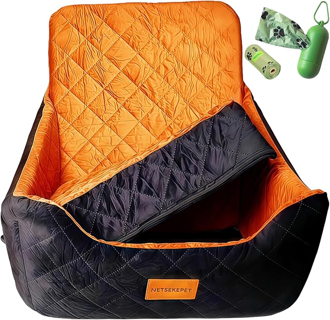 Dog Booster Car Seat for Medium Dogs up to 40lbs, Easy to Install, Fully Detachable and Washable, Anti-Slip Base, Snug Puppy Car Seat with 2 Clip-on Leashes, Black/Coffee, Medium