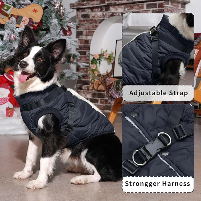 Dog Jacket with Harness,Fleece Lined Warm Puppy Coat for Winter,Soft Windproof Medium Dog Vest,Black XL