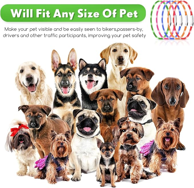 Weewooday 5 Pcs Light Up Dog Collars LED Rechargeable USB Dog Collar for Night Walking Lighted Glow in The Dark Adjustable Silicone Safety Necklaces with 3 Flashing Modes for Small Medium Large Puppy