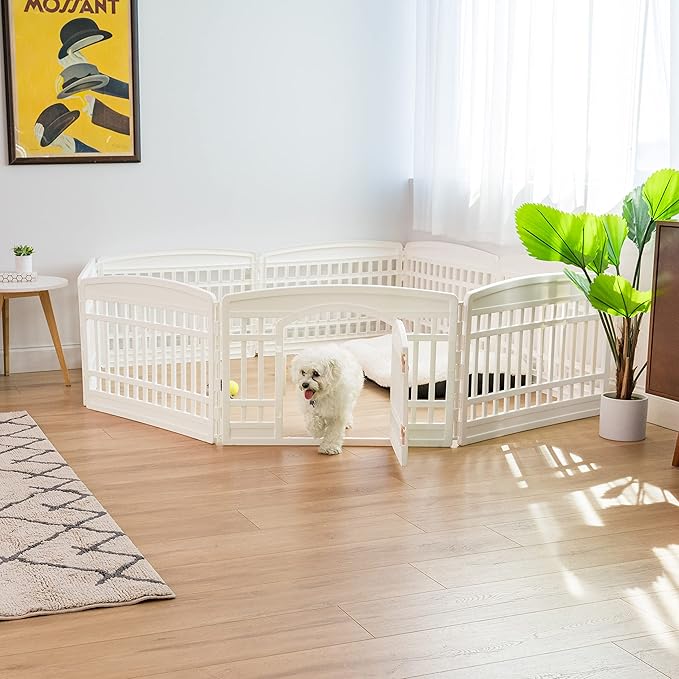 IRIS USA 24" 8-Panel Dog Playpen, 83.5 x 83.5 x 23.63, Puppy Playpen, Dog Play Pen Indoors, Pet Fence, Puppies/Small Dogs, White