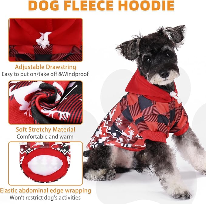KOOLTAIL Christmas Dog Hoodie, Red Plaid Pet Sweater, Hat Hooded Sweatshirt Dog Clothes for Small Medium Large Dogs, Soft Warm Winter Cold Weather Coat with Leash Hole&Pocket, Reindeer Snowflake, L