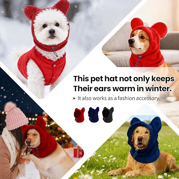 Dog Snood Winter Hood with Ear Protection, Fleece Neck Warmer for Dogs, (Red, Medium)