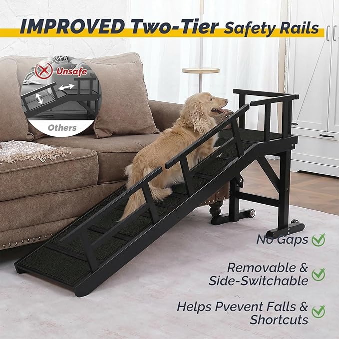 Dog Ramp for Bed or Couch, Wooden Pet Ramp with 20° Gentle Slope, Removable Side Rails, Non-Slip Surface, Top Platform & Wheels, Safe Bed Ramp for Small, Medium & Senior Dogs, 60" Long, Black