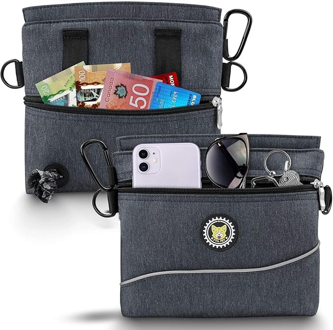 Viklluyr Dog Treat Pouch with Magnetic Closure, 2 Zip Pockets, Removable Inner Pocket, Padded Shoulder Strap, Perfect Food Bag for Agility Training - Including Carabiner