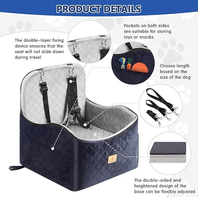 Dog Car Seat for Small/Medium Dogs, Dog Booster with Thick Memory Foam Two Layers of Elevated Cushion, Fully Detachable and Washable, Pet Booster Seat for Travel Accessories