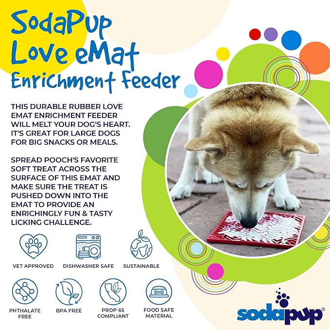 SodaPup Love eMat – Durable Lick Mat Feeder Made in USA from Non-Toxic, Pet-Safe, Food Safe Rubber for Mental Stimulation, Avoiding Overfeeding, Fresh Breath, Digestive Health, Calming, & More