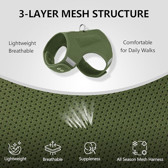 Dog Harness for Puppy – Adjustable Reflective Easy Put On Soft Mesh Vest for Small Dogs with 2 Patches (Misty Green,L)