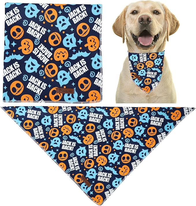 Halloween Dog Bandana – Spooky Ghost Print Triangle Scarf for Small Medium Large Dogs, Soft Cotton Pet Bib for Fall, Adjustable Dog Kerchief for Trick or Treat & Costume Parties