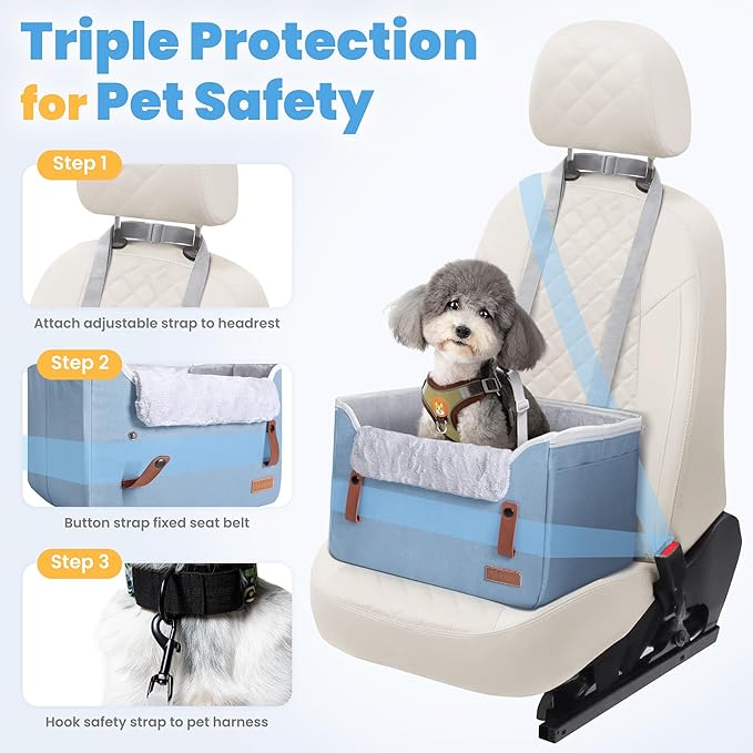 Dog Car Seat for Dog, Soft Portable Pet Booster Car Seat with Clip-On Safety Leash, Blue