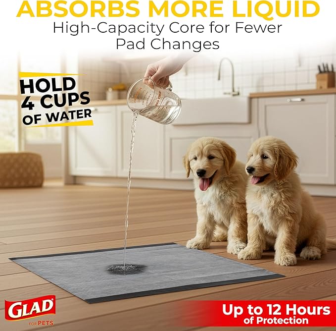 Glad for Pets Black Charcoal Puppy Pads, 23"x23" Disposable Training Pads That Absorb & Neutralize Urine with Activated Carbon - 100 Count