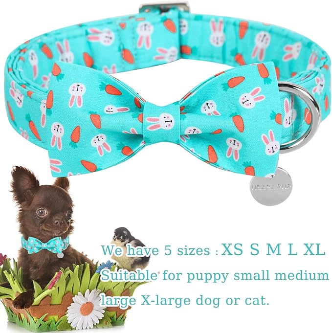 Easter Dog Collar with Bow Tie, Cotton Easter Bowtie Collar for X-Large Girl Boy Dog, Cute Carrot Pet Collar with Metal Buckle, Easter Gift Rabbit Dog Collar, XL