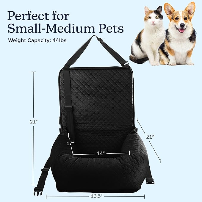 Dog Car Seat - Dog Car Seats for Small to Medium Dogs and Cats up to 44lbs - Dog Car Accessories with Tether and Removable Washable Cover - Dog Booster Seat for Front or Back by PETMAKER (Black)