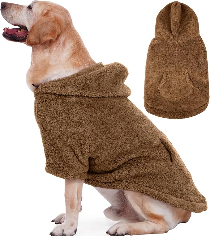 IDOMIK Fuzzy Dog Sweater with Adjustable Hood, Warm Fleece Dog Sweater Hoodie with Harness Hole & Pocket, Pullover Sweaters for Large Dogs, Fuzzy Hooded Sweatshirt for Fall Winter Christmas,Brown,3XL