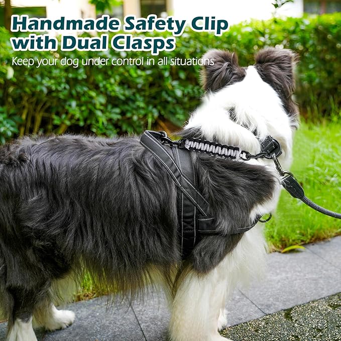 PetBonus Dog Collar Safety Clip, Handmade Backup Safety Strap for Dog Harness, Prong, Pinch Collar, Double Ended Clasp Leash Connector (Black, Grey)