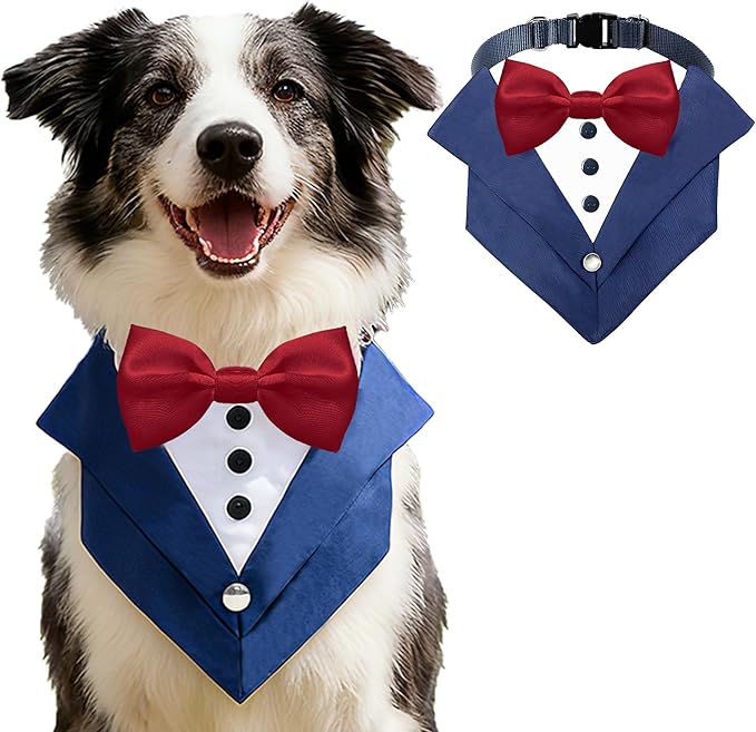 AVERYDAY Dog Tuxedo Wedding Outfit Bandana Collar with Bow Tie, Dog Tux Costume Suit with Bowtie for Small Medium Large Dogs & Cats, Pet Tuxedo Formal Wear for Engagement Birthday, Holiday, Christmas