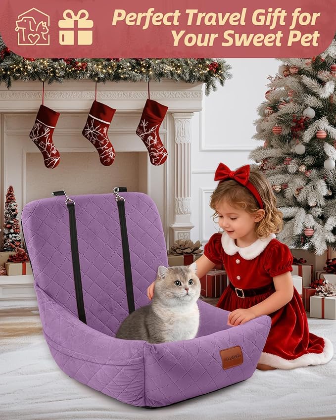 Dog Car Seat for Small Dogs Up to 25lbs,Soft Washable Fabric Fill in Memory Foam,Easy to Assemble with 2 Clip-On Safety Leashes and Storage Pockets,Front or Back Seat are Both OK(Purple)