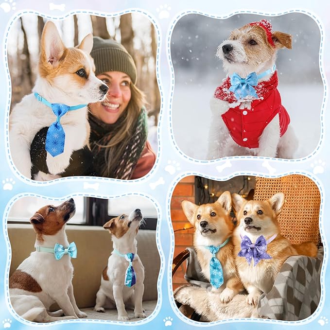 Reginary 100 Pieces Dog Bow Tie Collar Set Include 40 Dog Neckties, and 30 Puppy Bowties, 30 Collar Flowers, Adjustable Pet Ties Grooming for Small Medium Cats Pets Supply(Winter)