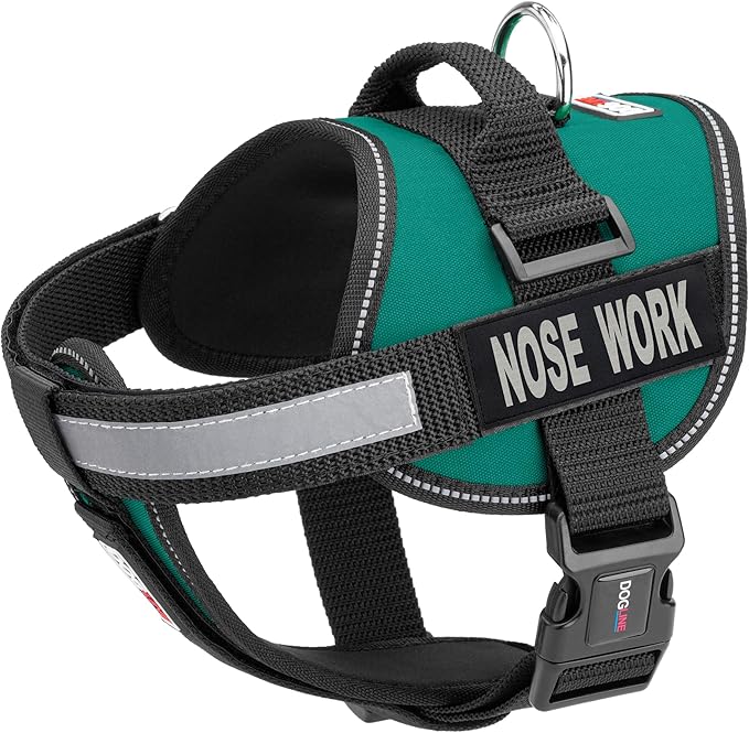 Dogline Unimax Dog Harness Vest with Nose Work Patches Adjustable Straps Breathable Neoprene for Identification Training Dogs Girth 18 to 25 in Turquoise