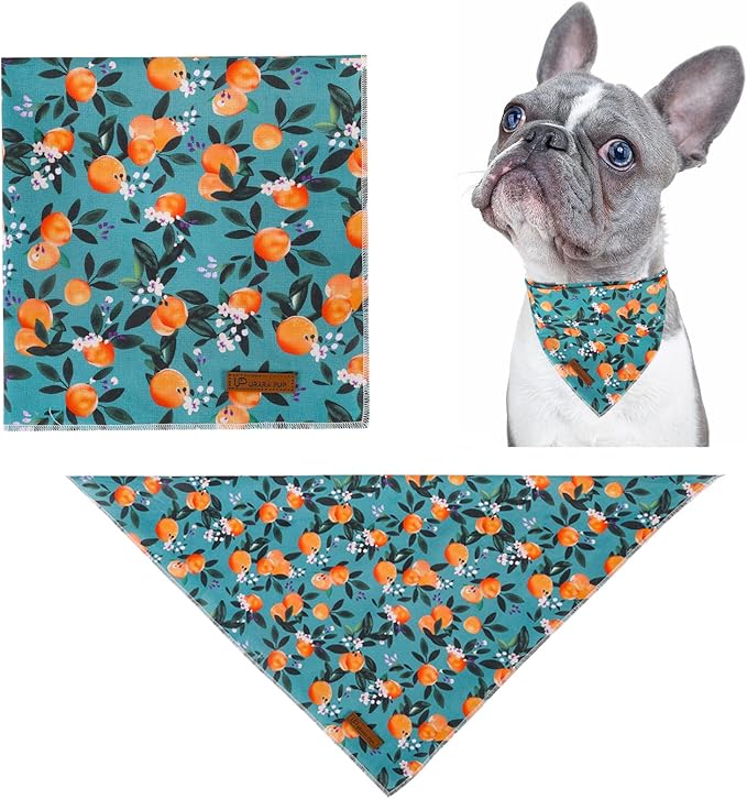 Summer Dog Bandana - Comfortable Cotton Triangle Bid Scarf for Medium Large Dogs - Washable Pet Kerchief for Girl Boy - Peach and Green Classic Scarf