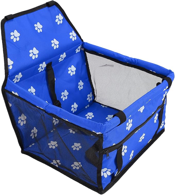 Pet Carrier Cage Dog Car Seat Bear Pattern Washable Foldable Pet Safety Travel Seat with Support Rod for Cars Oxford Cloth Material (Blue paw Print Support Stick Style)