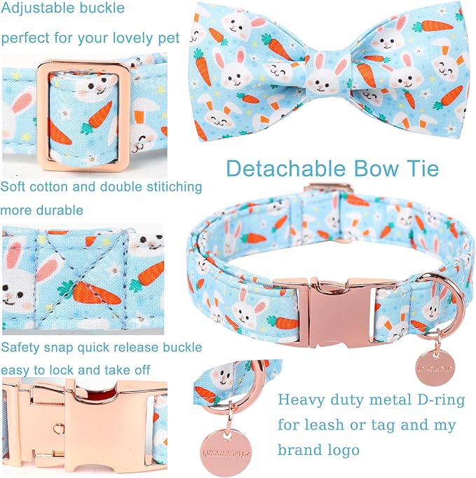 Easter Dog Collar With Bow Tie, Cotton Carrot Bowtie for Large Girl Boy Dog, Cute Bunny Pet Collar With Metal Buckle, Gift, S
