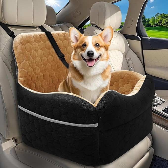 Dog Car Seat for Small/Medium Dogs - Puppy Car Seat Under 35 lbs with Thick Elevated Cushion & Safety Belt for Travel - Detachable & Washable Dog Booster Seat with 2 Sides Storage Pockets(Black/Brown)
